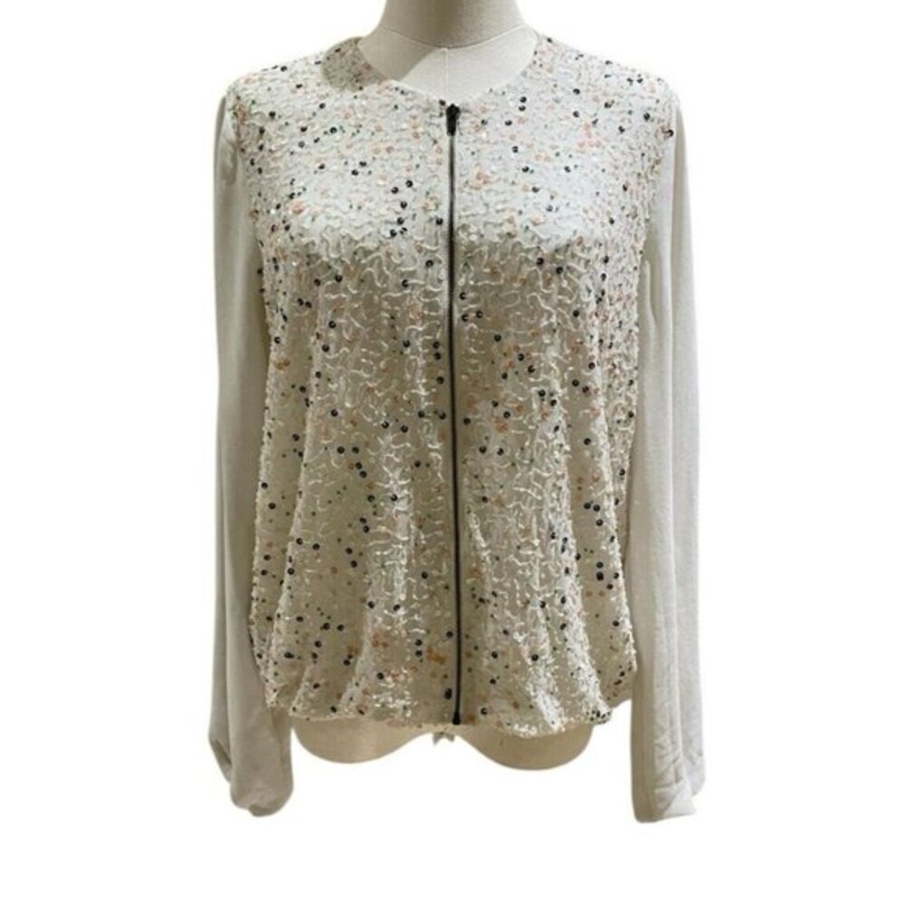 Hazel Beaded Bomber Jacket Special Occasion White Chiffon Zipper Top Blouse SZ S
